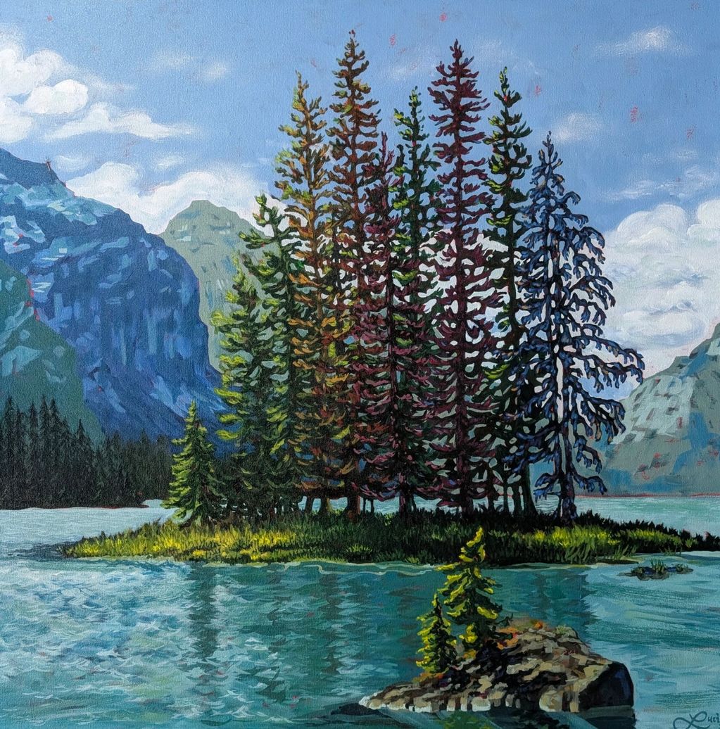 A painted image of western part of Canada. It is an image of an island in the middle of a bright blu