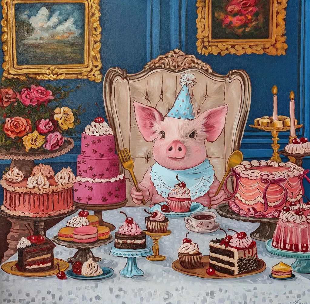 An adorable piglet sitting at a table full of cakes. Sir Oinksalot is wearing a light blue party hat