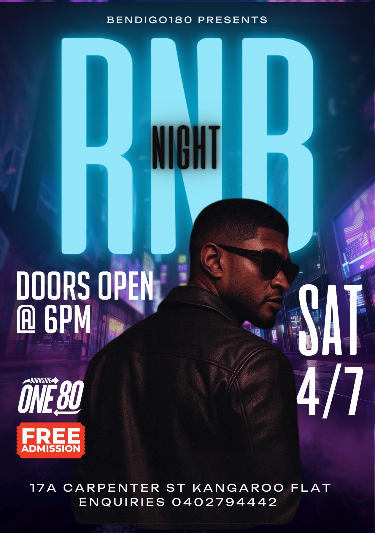 Night RNB event with free admission at Burnside One80, doors open 6 PM Saturday 4/7.