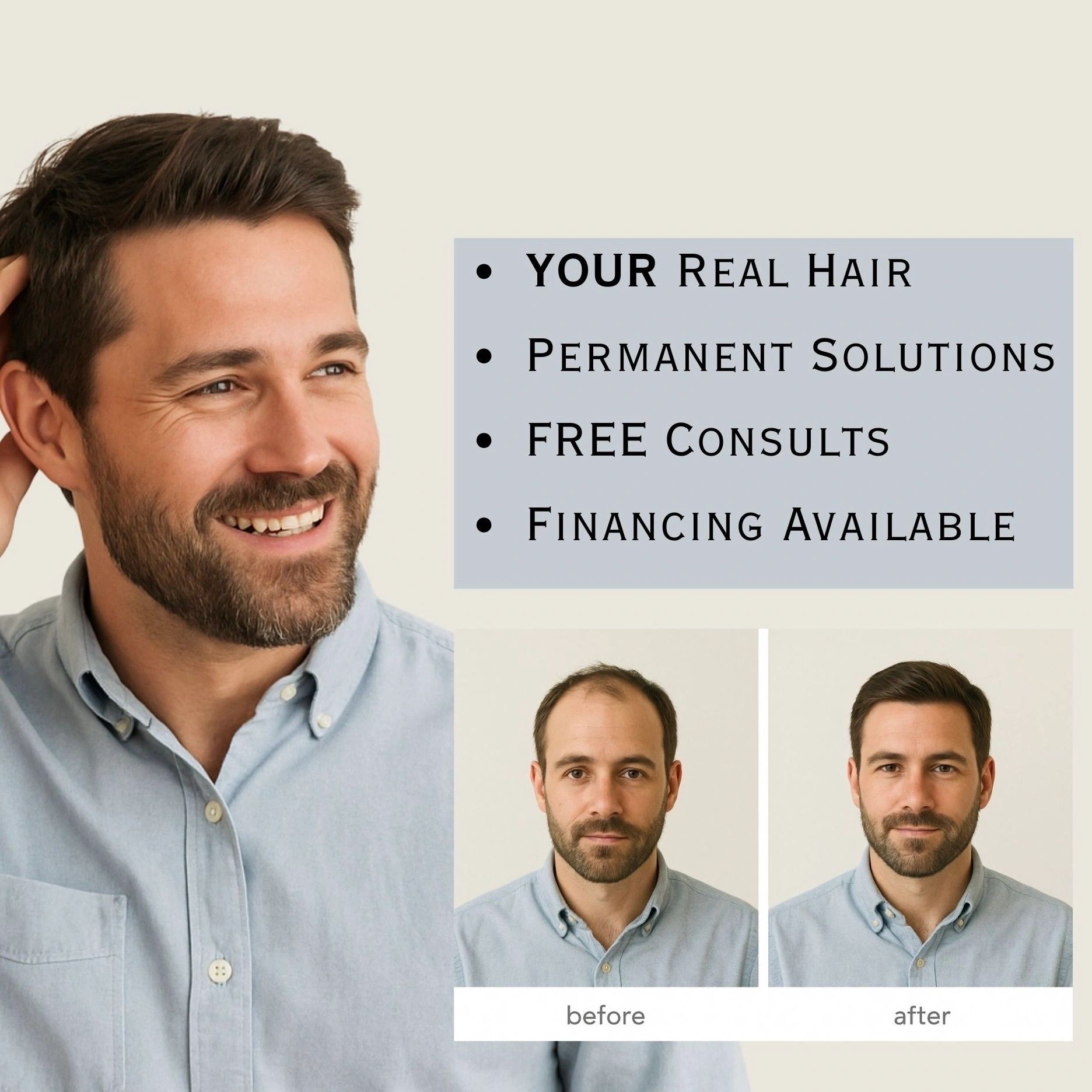 Man smiling good looking hair transplant shows his before and after hair transplant photos 