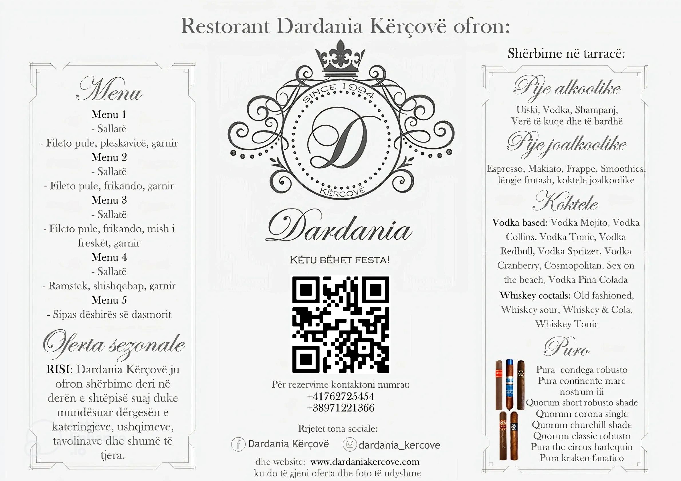 Dardania Kërçovë, Menu Dardania Kërçovë, Dardania Kercove,dasma Dardania Kercove, wedding menu