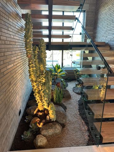 Indoor garden with cactus under floating wooden stairs.