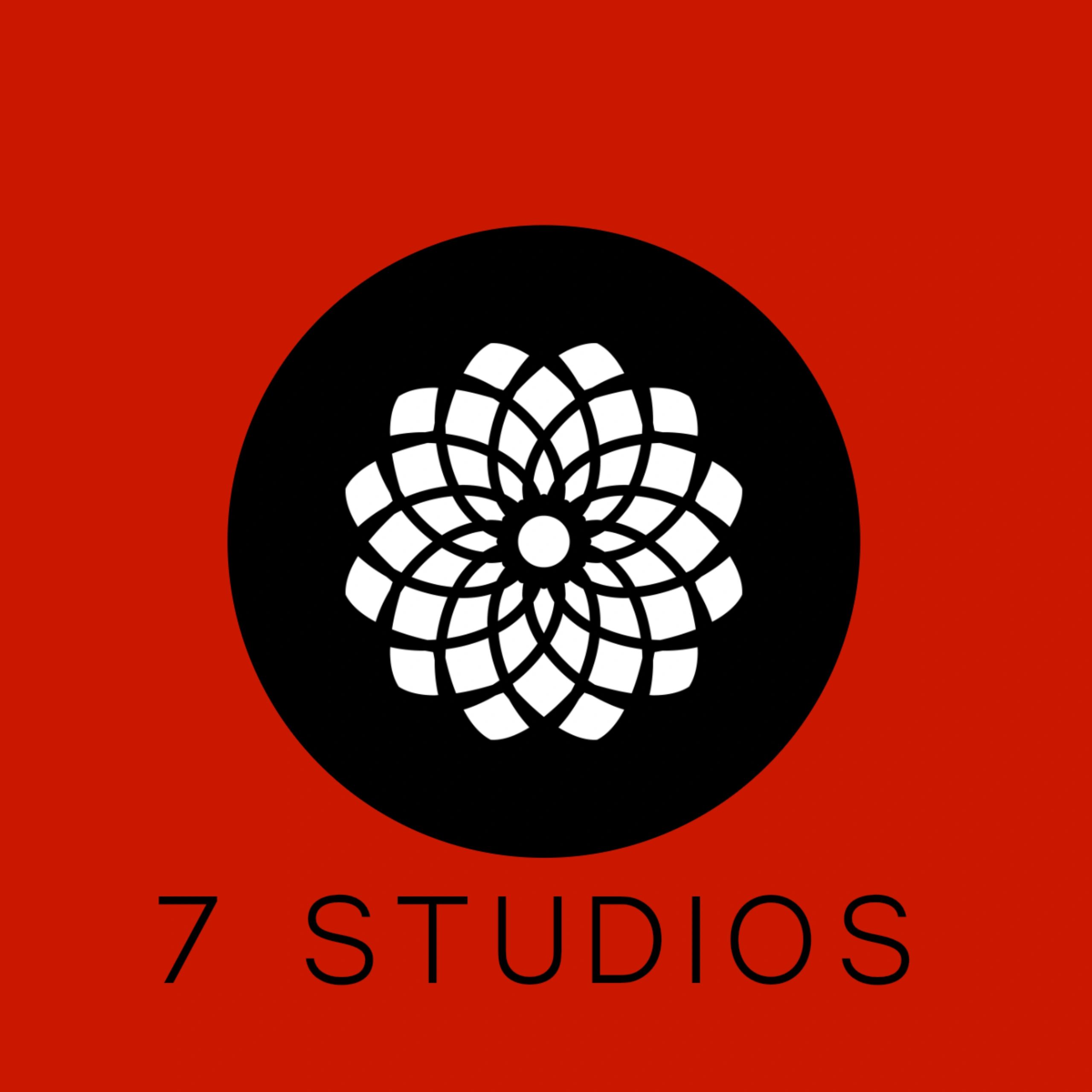 7 STUDIOS logo with a geometric flower design inside a black circle on red.