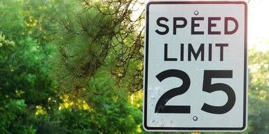 Speed limit 25 road sign near trees.