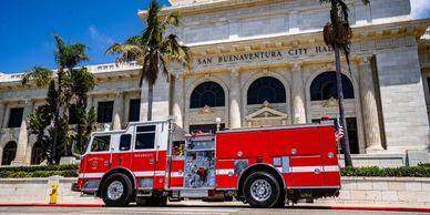 Red fire truck in front of San Buenaventura City Hall.