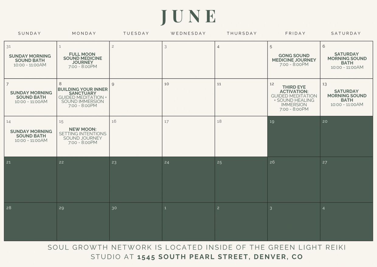June calendar with sound bath and meditation events at Green Light Reiki studio.