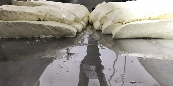 Large blocks of tofu resting on a wet surface inside a container.