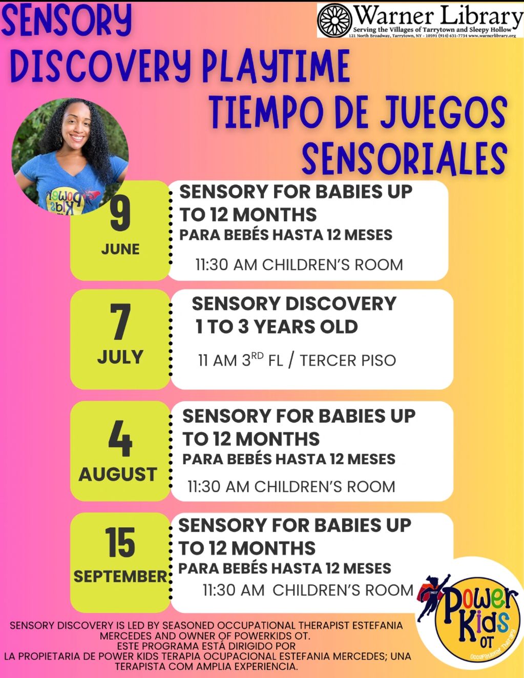 Sensory for Babies summer 2026 class schedule.  Tarrytown, NY
