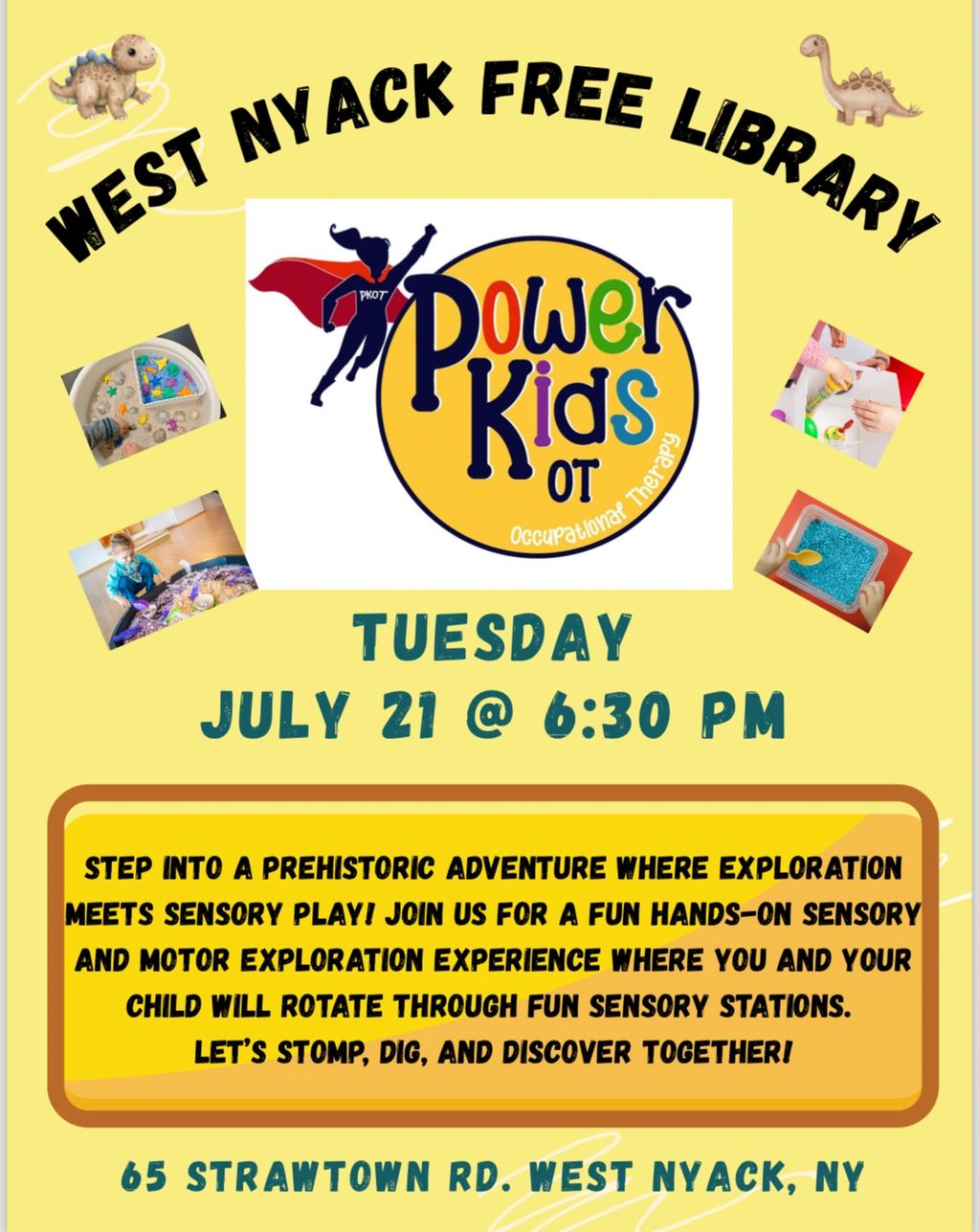 Sensory motor play dinosaur theme at West Nyack Library. Summer 2026. Occupational therapy