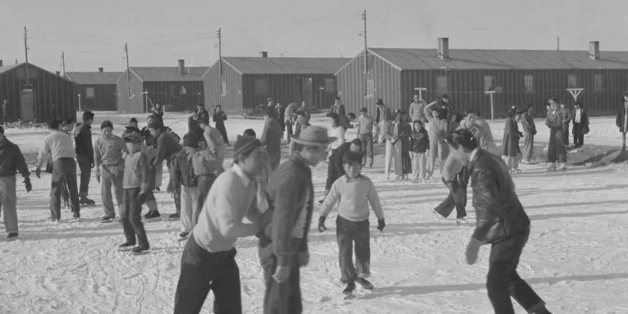 Heart Mountain Relocation Camp winter rink. Circa 1943.