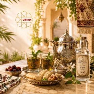 Traditional tea setup with Moroccan tea and sweets.