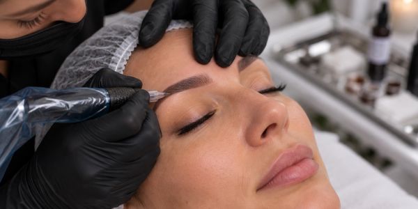 Microblading procedure on a woman's eyebrow.