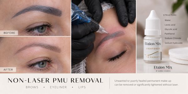 Non-laser PMU removal for brows, eyeliner, and lips.