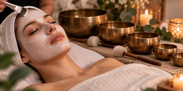 Woman receiving a facial treatment with a face mask.