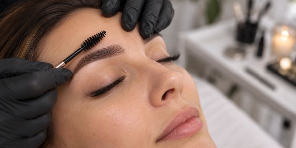 Person getting their eyebrows brushed by a professional.
