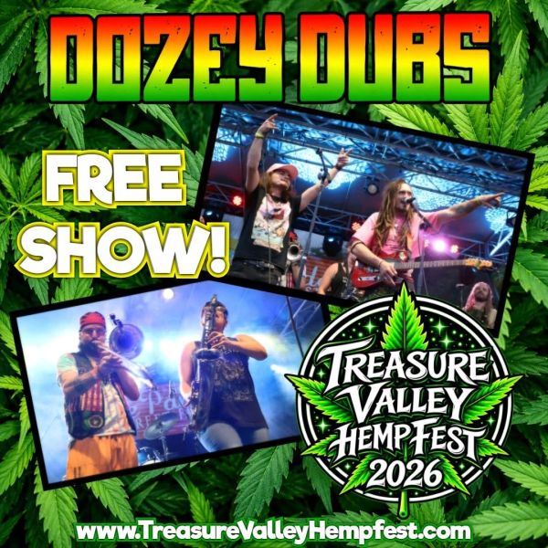 Oozey Dubs band performing for a free show at Treasure Valley Hemp Fest 2026.