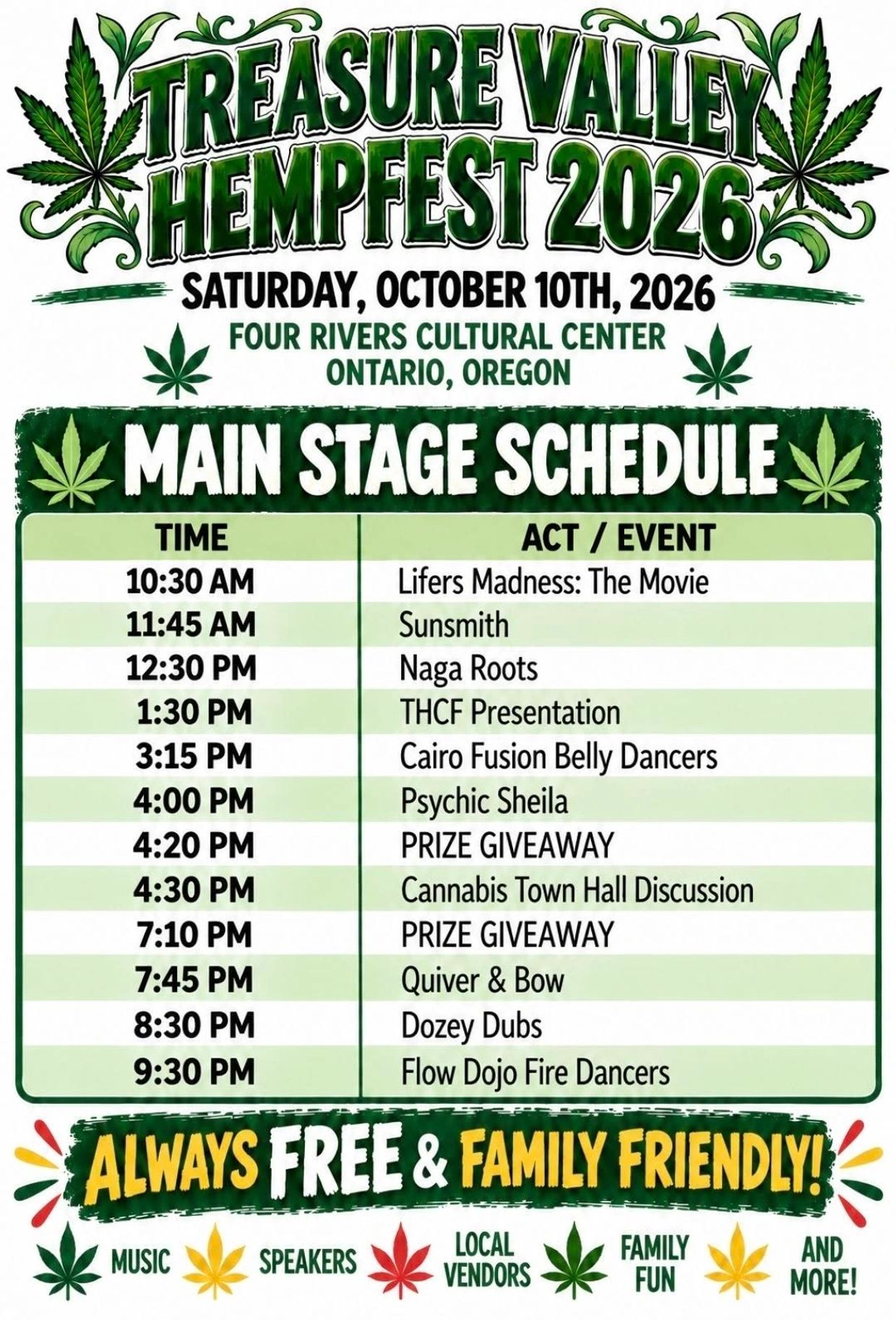 Treasure Valley Hempfest 2026 event schedule with music and family fun.