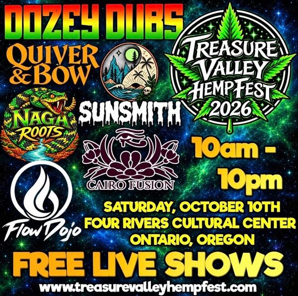 Treasure Valley Hempfest 2026 poster with event details and band names.