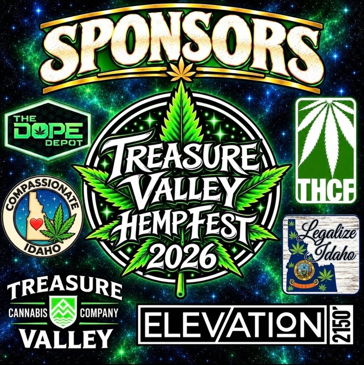 Sponsors for Treasure Valley HempFest 2026 with cannabis-themed logos.