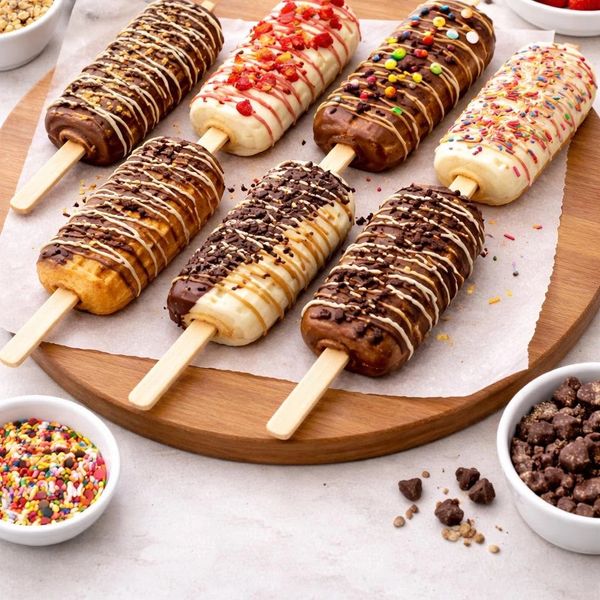 Colorful assorted chocolate-covered popsicles with various toppings on a wooden board.