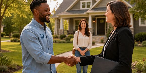 Real estate agent shaking hands with a client in front of a house.