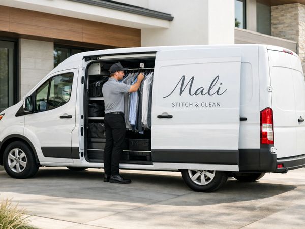 A man organizing clothes in a Mali Stitch &amp; Clean service van.
