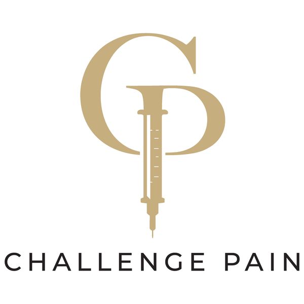 Logo with syringe and letters GP, captioned 'Challenge Pain'.