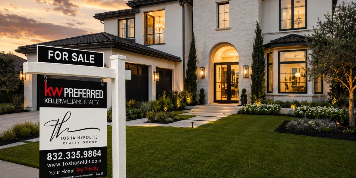 Modern house for sale with a well-lit entrance and manicured lawn at sunset.