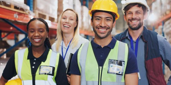 Smiling warehouse workers in safety gear.