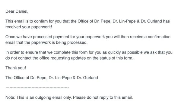 The confirmation email you will receive from the office! 