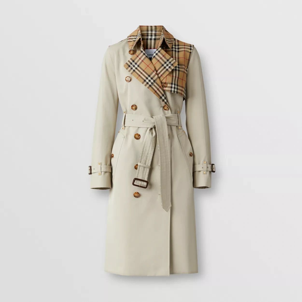 vintage check panel cotton gabardine trench coat