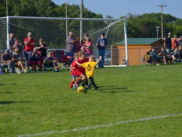 Kids playing soccer on a sunny day.