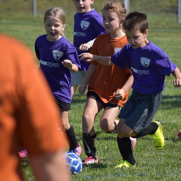 Children playing soccer in a field.