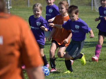 Children playing soccer in a field.