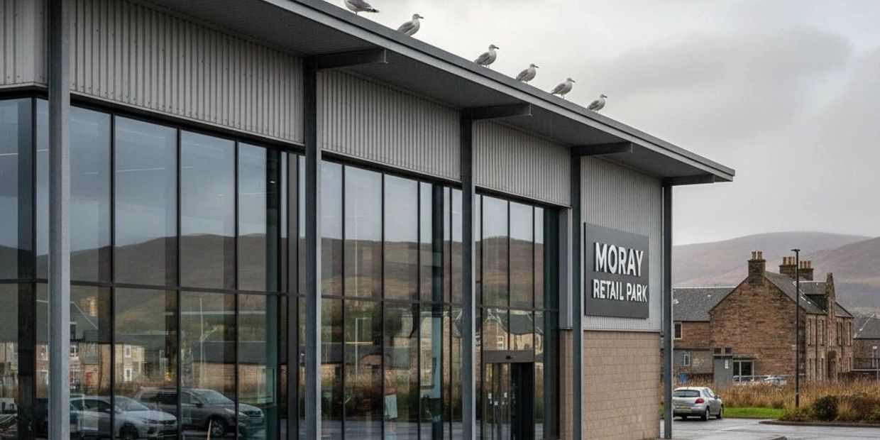 Seagulls perched on the roof of Moray Retail Park on a cloudy day.