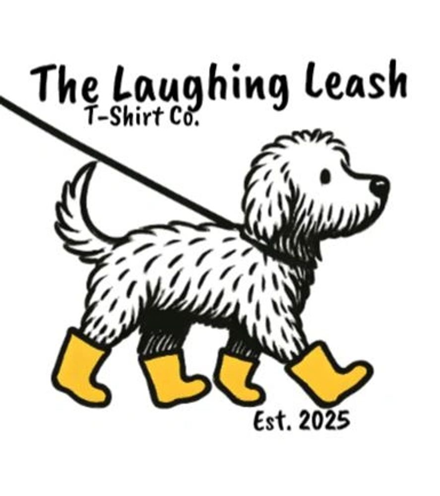 Logo of a dog in yellow boots with 'The Laughing Leash T-Shirt Co.' text.