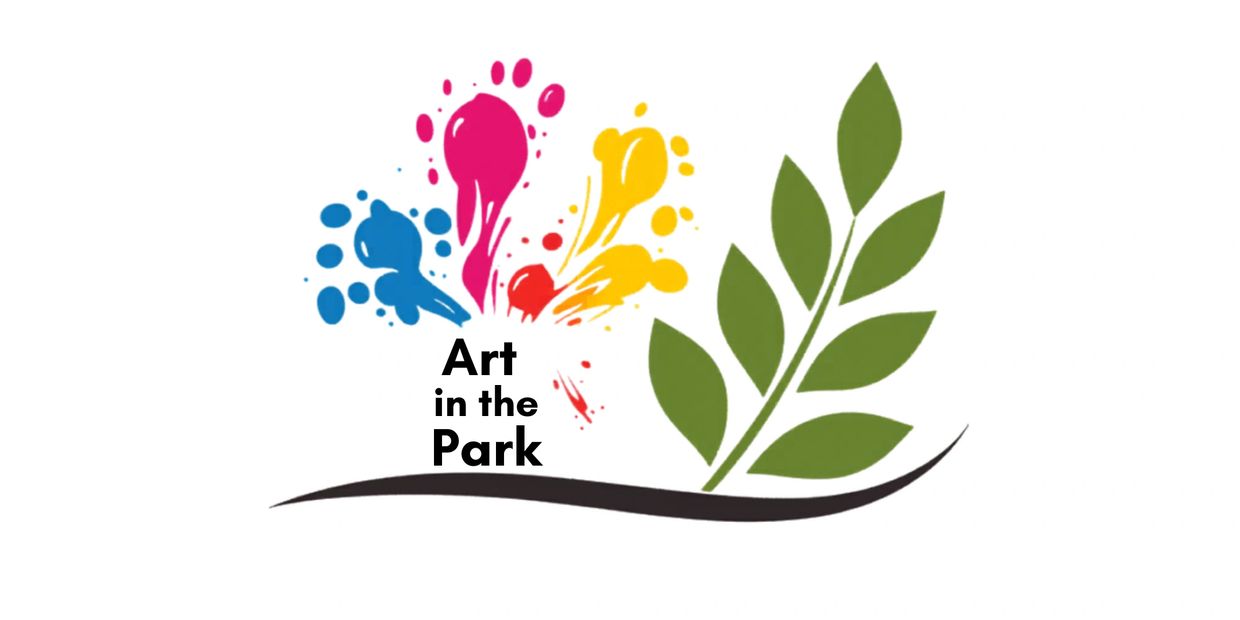 Colorful paint splashes and green leaves logo with 'Art in the Park' text.