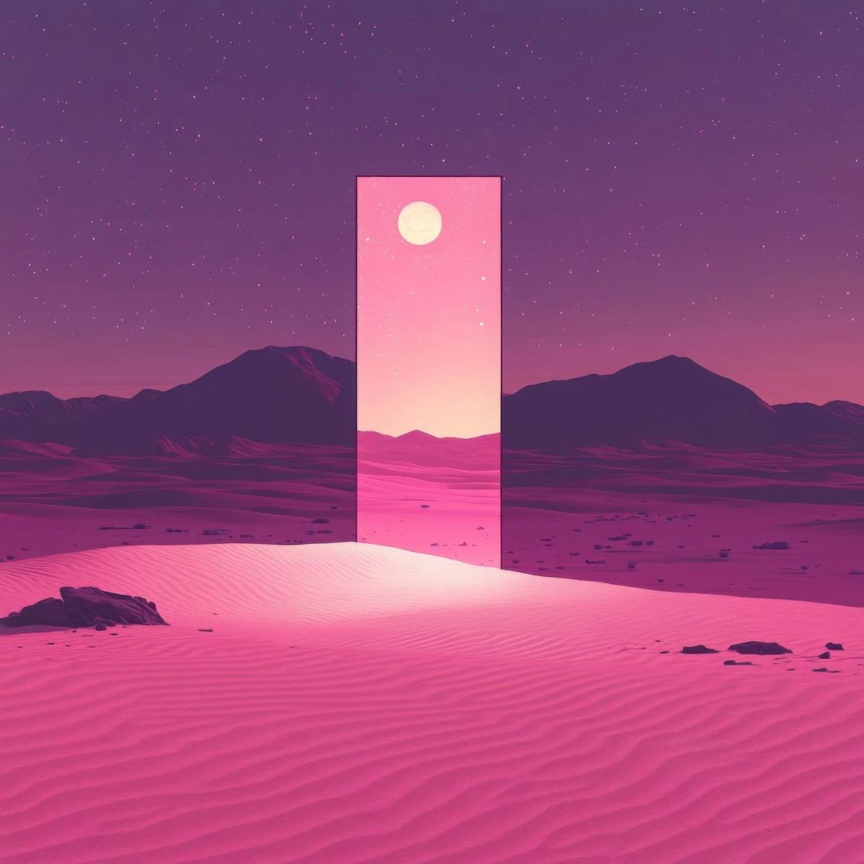 A surreal pink desert with a glowing rectangular portal showing the moon.