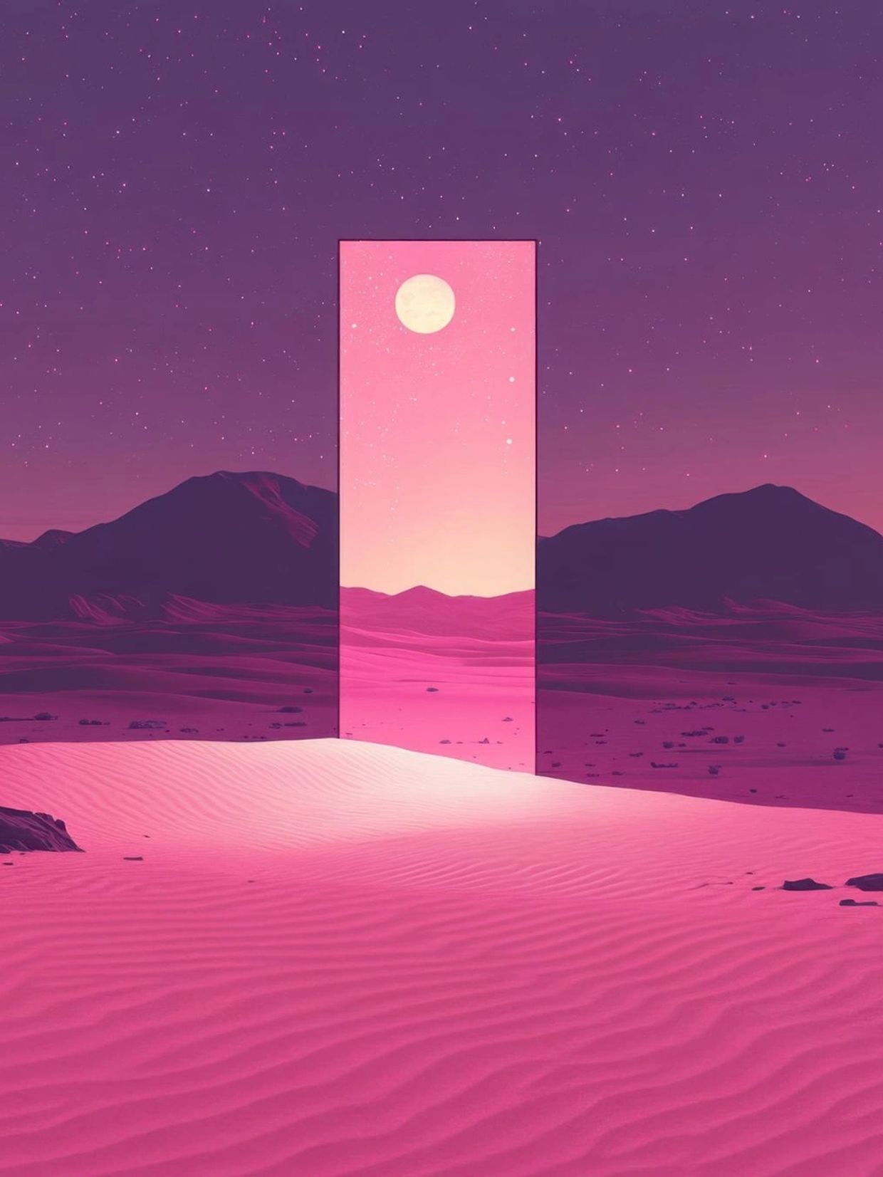 Surreal desert landscape with a glowing rectangular portal and a bright moon.