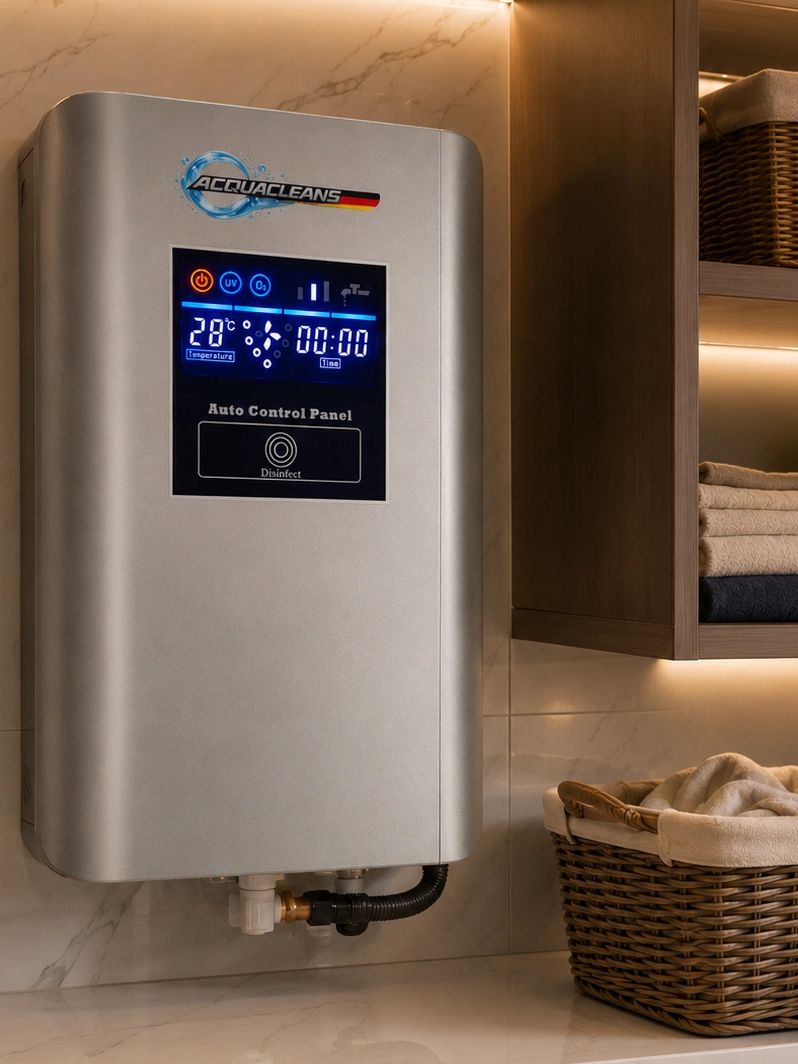 A modern Acquacleans water heater with digital control panel in a stylish bathroom.