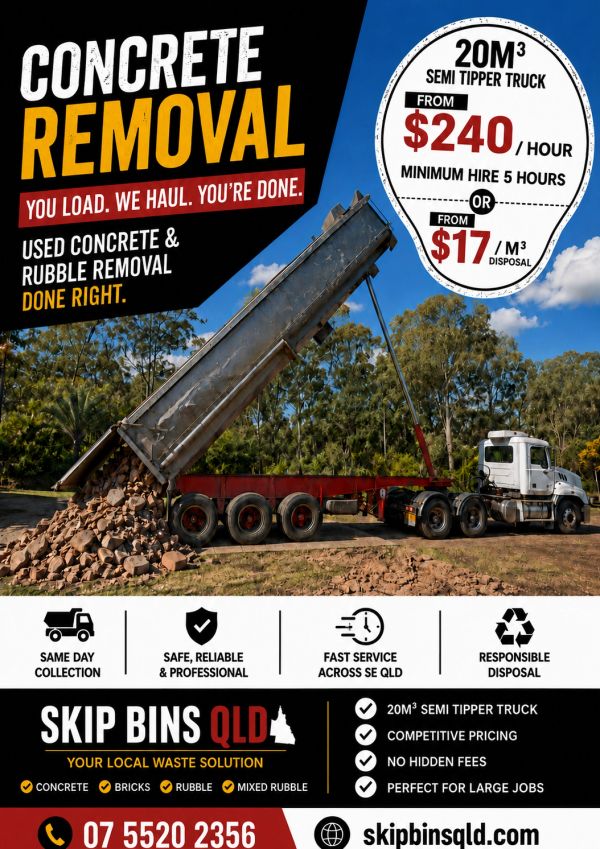 Concrete removal service with semi tipper truck in Queensland.
