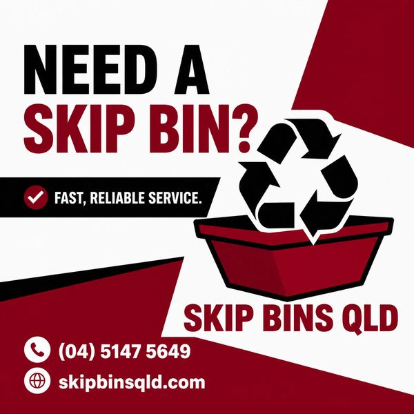 Advertisement for Skip Bins QLD with contact and fast service info.