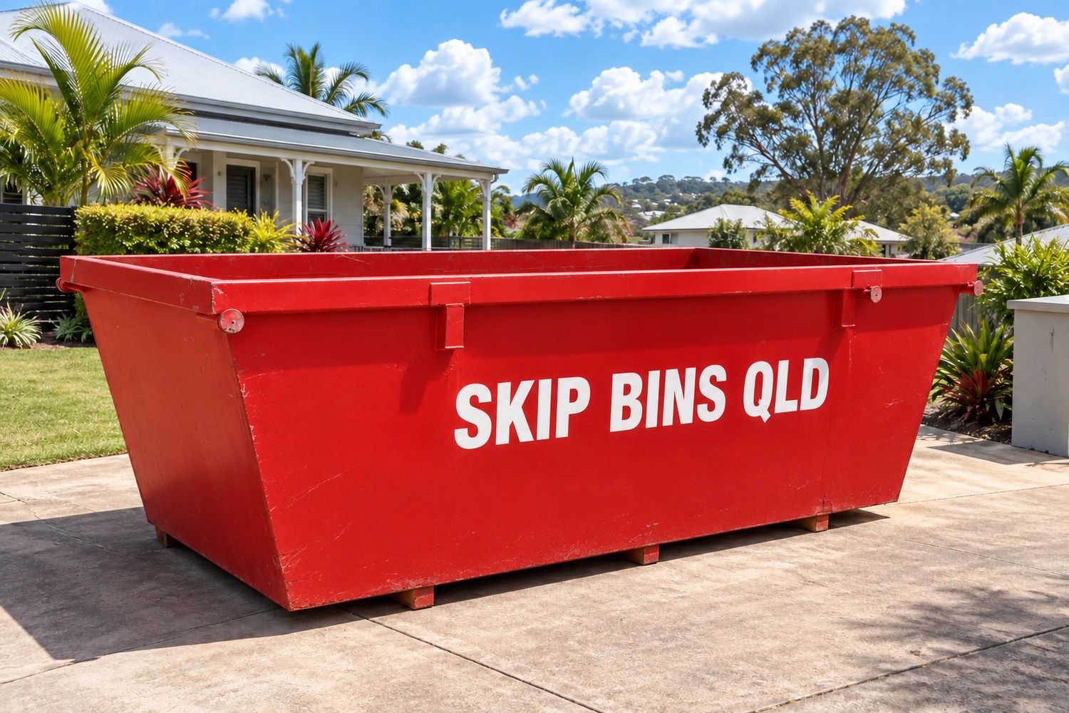 Red Skip Bins QLD skip in a sunny Brisbane-style residential setting. Illustrative image.