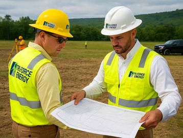Engineers reviewing solar site plans during pre-construction inspection.