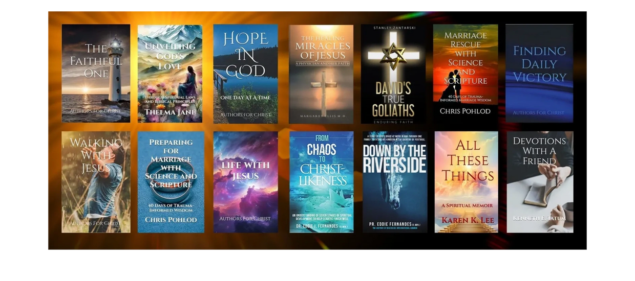 A colorful banner showcasing fourteen Christian book covers. 
