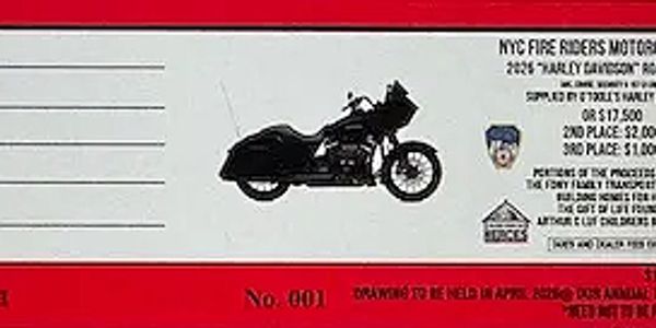 NYC Fire Riders motorcycle raffle ticket featuring a black motorcycle illustration.