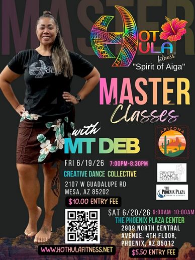 Woman promoting Hot Hula Fitness Master Classes with MT Deb in Arizona.