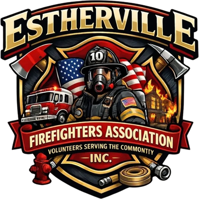 Estherville Firefighters Association logo with firefighter and firetruck.