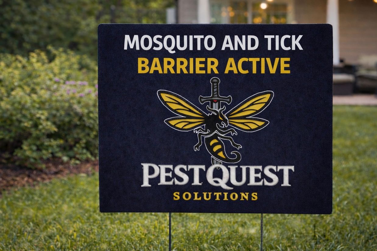 Sign for active mosquito and tick barrier by Pest Quest Solutions.
