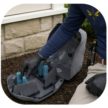 Technician servicing an outdoor rodent bait station for a Pest Quest Solutions client.